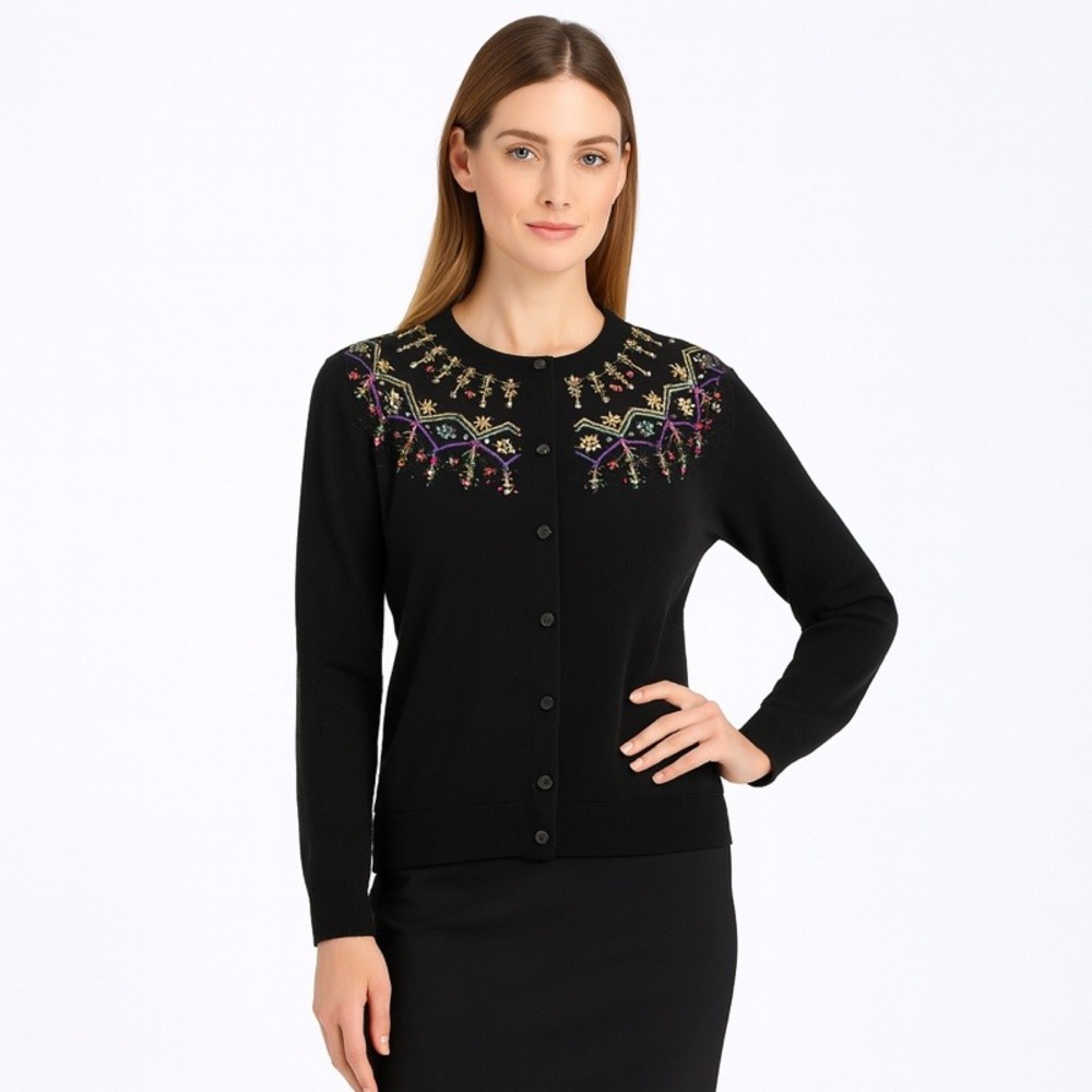 Design Originals Studio Women Cardigan Black Beaded‎ Embellished Sweater Cotton